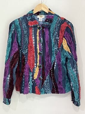Sandy Starkman Womens Medium Jacket Blue Multi Patch Art Wearable Art Statement